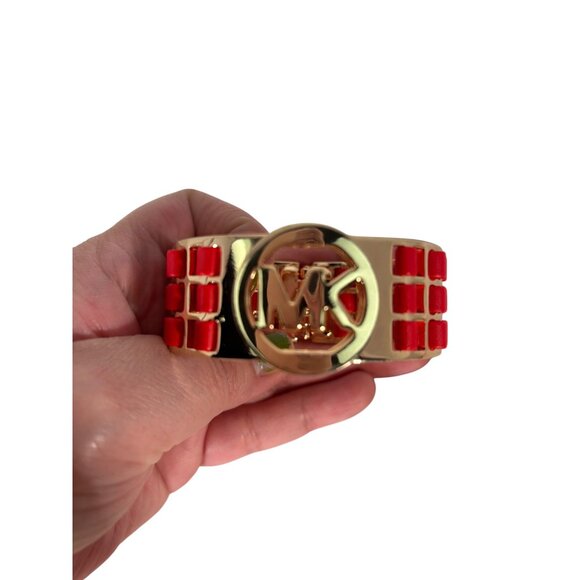 Vintage, MICHAEL KORS, Logo Clamper Bracelet, Red Leatherette, Gold Tone - Picture 6 of 7